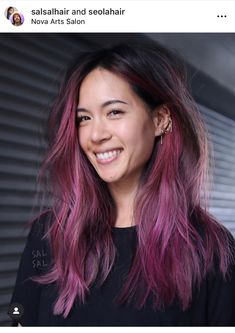 Highlighted Pink Hair, Trending Hair Dye Ideas, Pink Lowlights In Black Hair, Brunette With Peekaboo Color, Purple Hair Brunette, Under Hair Color Ideas, Peekaboo Hair Color Brunettes, Pop Of Color Hair, Plum Hair Color Ideas