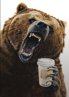 a bear holding a coffee cup with its mouth open and it's teeth wide open