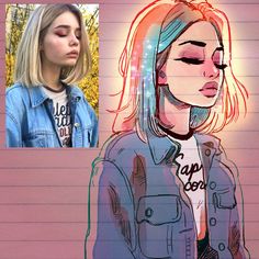 a drawing of a girl with blonde hair wearing a denim jacket and looking at the camera