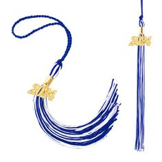 a blue and gold tassel with two letters on it, next to a rope