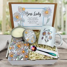 Ideal for Boss's Day or a birthday surprise, this Boss Gift Box is a standout choice! Complete with a personalized mug and engraved spoon, it's a perfect gesture to express appreciation and make your boss feel truly special About the Gifts: Contents Personalized Mug with Her Name 8 oz. Soy Candle Engraved Sugar Spoon Matching Coaster Thank you for supporting small business. Orders will be shipped within 1-3 business days. All Rights Reserved. ©BlueStoneRiver Gifts For Niece, Engraved Candles, Birthday Gift Basket, 25 Hours, Stickers Design, Birthday Gift Baskets, Congratulations Gift, Sugar Spoon, Personalized Mug