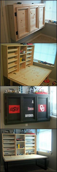 two pictures showing different parts of a workbench with drawers and tools in them