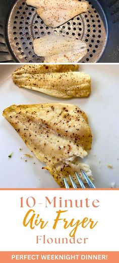 an air fryer filled with fish next to a pan full of food and the words 10 - minute air fryer