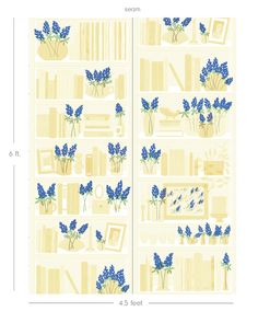 the wallpaper features blue flowers and bookshelves in yellow, on a cream background