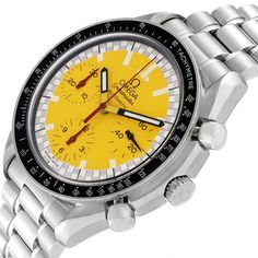 Omega Speedmaster Schumacher Yellow Dial Steel Mens Watch 3510.12.00 Box Card. Automatic self-winding chronograph movement. Stainless steel round case 39.0 mm in diameter. Black tachymeter bezel. Acrylic  crystal. Yellow dial with luminous hands and index hour markers. Minute markers around the outer rim. Three black chronograph sub-dials - 60 second, 30 minute, and 12 hour. Stainless steel bracelet with fold over clasp. Fits 7" wrist. Sport Watches With Yellow Number, Luxury Yellow Analog Chronograph Watch, Luxury Modern Yellow Chronograph Watch, Luxury Yellow Chronograph Watch Accessories, Luxury Yellow Automatic Watch, Omega Speedmaster Racing, Crystal Yellow, Case 39, Gold Rolex