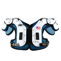 the back of a catchers chest protector with an american flag on it and two white pads