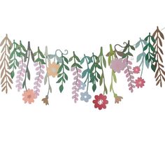 a garland with flowers and leaves hanging from it