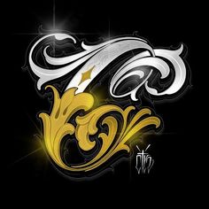 an artistic design with gold and white swirls on a black background, in the style of calligraphy