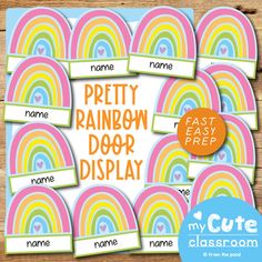 rainbow door display with name tags for children's names and pictures on the front