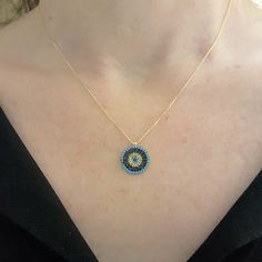 -The evil eye round design women jewelry pendant is made with high-quality 14K real solid gold. - We recommend you to review our other bracelets and necklaces. We have listed many kinds of beautiful and trendy gold and silver products. You won't regret! https://www.etsy.com/shop/LatikaJewelryShop - High polish finish and set with flawless cubic turquoise, black, yellow and navy blue zirconia stones. Its diameter is 1.5 cm. - This dainty, charm, elegant, cute, delicate and trendy women jewelry pe Yellow Gold Evil Eye Round Necklace, Gold Plated Evil Eye Round Necklaces, Gold Plated Round Evil Eye Necklace, Gold Plated Evil Eye Round Necklace, 14k Gold Evil Eye Round Necklace, 14k Gold Evil Eye Necklace, Gold Plated Evil Eye Jewelry, Round Evil Eye, Dainty Pendant Necklace