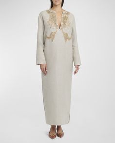 Valentino Garavani Crystal Embroidered Tunic Midi Dress | Neiman Marcus Linen Kaftan, Kaftan Designs, Embroidered Tunic, Shades Of Red, Top Designers, Valentino Garavani, Neiman Marcus, Tops Designs, Dress Outfits