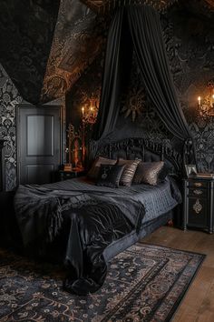 a bedroom with black and gold decor on the walls, carpeted flooring and an ornate canopy bed