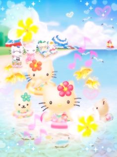 an image of hello kitty on the beach with other animals and flowers in front of it