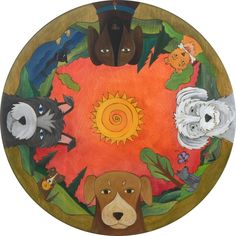 a painting with cats, dogs and birds on it's face in the center of a circle