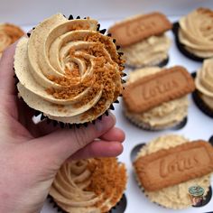 a hand holding a cupcake with frosting on top