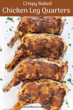 crispy baked chicken leg quarters on a white plate