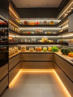 a kitchen filled with lots of food and shelves full of different types of foods in it