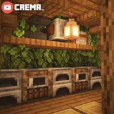 an image of a room in minecraft with plants on the shelves and lights hanging from the ceiling