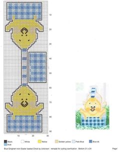 the cross stitch pattern is shown with an image of a baby chick in a basket