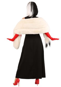 a woman in a black dress and red heels is holding a white fur stoler