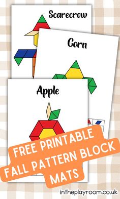 three printable fall pattern block mats with the words scarecrow and corn on them