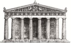 an ancient greek temple with columns and statues on the sides, vintage line drawing or engraving illustration