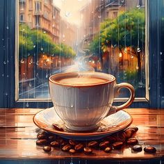 a cup of coffee sitting on top of a wooden table next to a window covered in rain