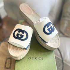 Gucci Slip-On! Brand-New, Never Worn, Perfectly Packaged! Stylish And Casual! Gucci Shoe Bags Included. Size 40 Blue Leather Gucci Sandals, Gucci Blue Leather Sandals, Blue Gucci Leather Sandals, Gucci Open Toe Espadrilles For Vacation, Blue Open Toe Gucci Sandals, Gucci Sandals With Round Toe For Vacation, White Gucci Sandals For Summer, Gucci Casual Espadrilles For Vacation, Casual Gucci Espadrilles For Vacation