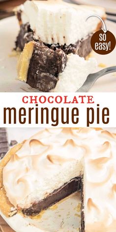 chocolate meringue pie on a white plate with a slice missing from the pie