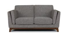 two seater sofa with wooden legs and grey fabric upholstered on the armrests