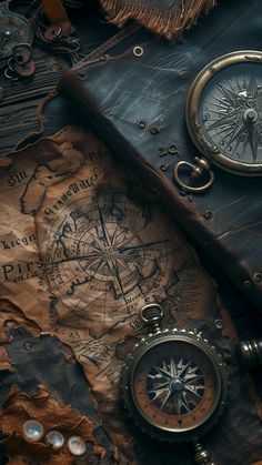 an old map with compass and other items on it