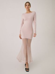 Lace Hem Mermaid Midi Sweater Dress Sheer Stretch Prom Dresses, Pink Sheer Stretch Dress, Pink Stretch Sheer Dress, Stretch Pink Dresses With Mermaid Hem, Pink Stretch Dresses With Mermaid Hem, Fitted Maxi Length Evening Dress For Winter, Fitted Maxi Dress With Sheer Sleeves For Prom, Fitted Summer Evening Dress With Sheer Sleeves, Long Sleeve Mesh Dress For Prom