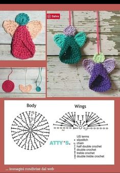 crochet pattern for an angel ornament with wings on it and the instructions below