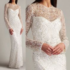 This Radiant Paillette And Bead-Encrusted Tulle Illusion Bridal Gown Is A Light-Catching Number That Celebrates The Grandeur Of The Occasion. The Sparkly Gown, Designed With A Long-Sleeved Illusion And A Close-To-Body Fit, Boasts A Beaded Motif That Looks Like Festooned Necklaces That Reach And Elegantly Shape The Waistline. Stretch Lining. Concealed Back Zip. Approx. Length From High Point Shoulder To Hem Is 62" Color Ivory Illusion Bridal Gown, Sparkly Gown, Shoji White, Tadashi Shoji Dresses, Tadashi Shoji, Gown Dress, High Point, Color Ivory, Bridal Gown