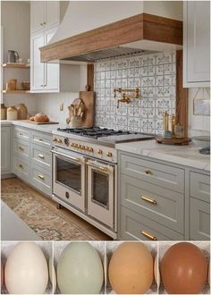 an image of eggs in the kitchen with different colors and patterns on the counter tops