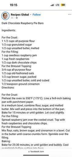 the recipe list for dark chocolate raspberry pie bars on an iphone screen with text overlay