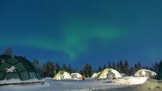 the aurora bore is lit up in the sky above some snow covered ground and trees