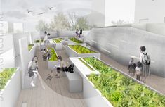 an artist's rendering of people walking through a green space with plants growing on the walls