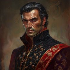 a painting of a man wearing a red and black suit with gold trimmings