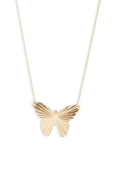 This sterling silver necklace plated in 14-karat gold takes flight with a butterfly pendant enhanced with radiating lines. Sterling silver/14k-gold plate Imported Radiating Lines, Butterfly Pendant Necklace, Gold Butterfly, Butterfly Pendant, A Butterfly, Sterling Silver Necklace, Sterling Silver Necklaces, Tassel Necklace, Womens Jewelry Necklace