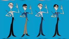 an animated character with four different poses