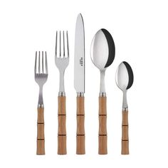 four forks, two spoons and one knife are shown in this image with wood handles