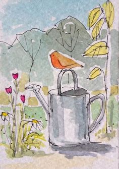 a drawing of a bird sitting on top of a watering can with flowers in the background