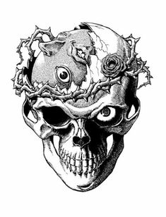 an ink drawing of a skull with roses on it's head and the words written in