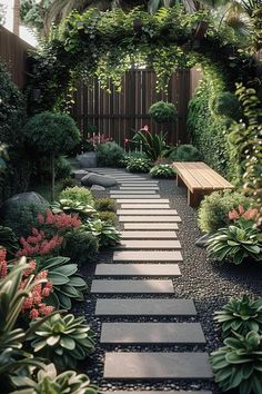 an outdoor garden with stepping stones and plants