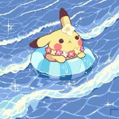 a pikachu floating on an inflatable object in the middle of water