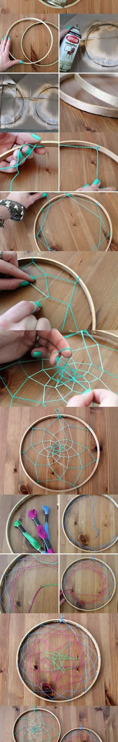 multiple images of different circular objects on wooden boards with lines and circles painted on them