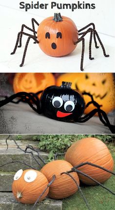 some pumpkins with faces painted on them and two pictures of spider pumpkins in the middle