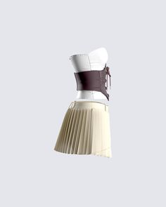 Have them standing up straight when you walk in 😏 This two-piece set features a white jersey tube top, paired with a cream crepe pleat skirt, and finished off with a brown corset belt 🤎 Brown Corset, Corset Belt, White Jersey, Tube Top, Pleated Skirt, Two Piece