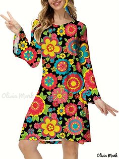 Olivia Mark - Plus Size Retro Dress, Women's Plus Floral Print Bell Sleeve Round Neck Slight Stretch Halloween Party Dress Retro Long Sleeve Halloween Dress, Fun Long Sleeve Spring Dresses, Halloween Long Sleeve Stretch Mini Dress, Fun Fitted Long Sleeve Dress, Long Sleeve Mini Dress For Halloween, Fun Fitted Halloween Dress, Multicolor Long Sleeve Dress For Costume Party, Casual Long Sleeve Halloween Dresses, Multicolor Spring Costume Party Dress